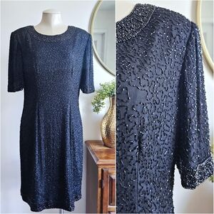 100% Pure Silk Mark & John By Gopal Black Beaded Cocktail Elegant Dress Sz Large